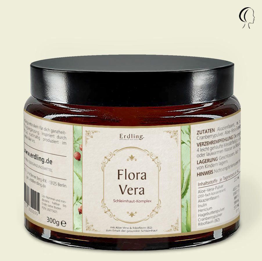 Flora Vera - im edlen Design. Braunglas mit beigem Etikett und goldenen akzenten. 