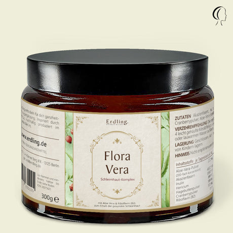 Flora Vera - im edlen Design. Braunglas mit beigem Etikett und goldenen akzenten. 