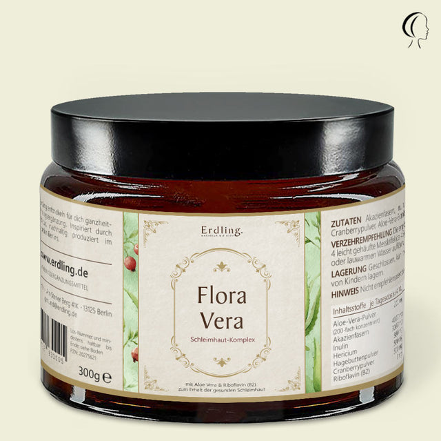 Flora Vera - im edlen Design. Braunglas mit beigem Etikett und goldenen akzenten. 