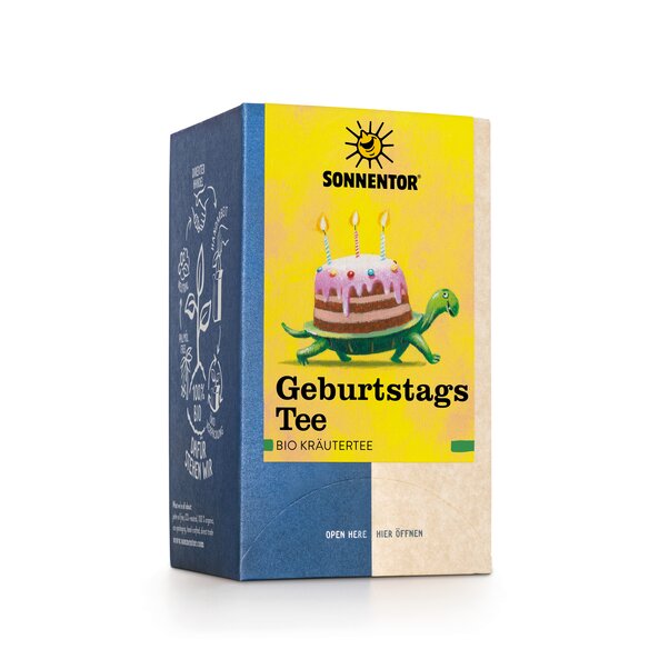 Geburtstagstee Bio – blumig-frische Kräuterteemischung mit Zitronen- und Minznoten, ideal für besondere Anlässe. 18 Aufgussbeutel