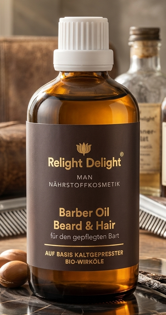Ein Produktbild des „Relight Delight Man Barber Oil Beard & Hair“ in einer 100ml-Braunglasflasche mit weißem Schraubverschluss. Die Flasche steht im Rampenlicht auf einer rustikalen Holzscheibe, flankiert von Argan-Nüssen und einer Vanilleschote. Im warm ausgeleuchteten, leicht unscharfen Hintergrund eines Barbershops sind ein klassischer Frisierkamm, ein Rasiermesser sowie eine Ledertasche und weitere Pflegeflaschen zu erkennen. Die goldene Schrift auf dem dunkelbraunen Etikett ist deutlich lesbar.