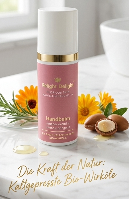 Relight Delight Handbalm in einer rosa Spenderflasche, ästhetisch präsentiert auf einer weißen Marmoroberfläche, umgeben von natürlichen Inhaltsstoffen wie Ringelblumenblüten, Kräutern und Argan-Nüssen, unterstrichen durch den Schriftzug: 'Die Kraft der Natur: Kaltgepresste Bio-Wirköle'.