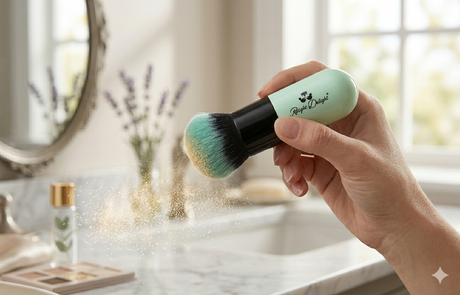 Hand hält einen mintgrünen Relight Delight Kabuki-Pinsel, der Puder aufnimmt, vor einem hellen, modernen Badezimmer-Hintergrund.