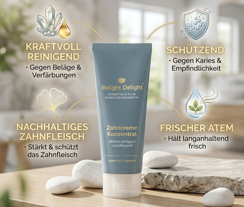 Produktfoto der Relight Delight Zahncreme Konzentrat in einer blauen Tube, platziert auf einem hölzernen Untergrund mit Steinen. Das Bild hebt vier Produktvorteile hervor: ‚Kraftvoll reinigend‘ gegen Beläge und Verfärbungen, ‚Schützend‘ gegen Karies und Empfindlichkeit, ‚Nachhaltiges Zahnfleisch‘ durch Stärkung und Schutz, sowie ‚Frischer Atem‘ für ein langanhaltendes Frischegefühl. Symbole unterstreichen die jeweiligen Eigenschaften.