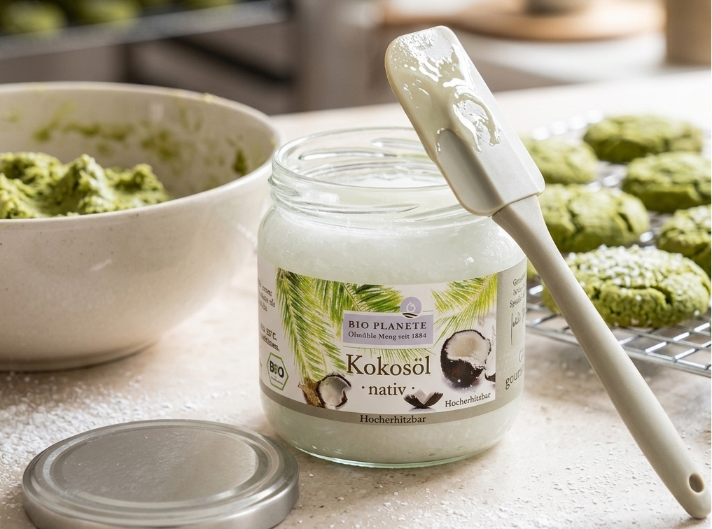 Fokus auf SEO & Produkt (Ideal für den Shopify-Shop)
Alt-Text: Geöffnetes Glas Bio Planète Kokosöl nativ (200ml) in einer hellen Küche neben einer Schüssel mit grünem Teig und frisch gebackenen Matcha-Keksen auf einem Kuchengitter.