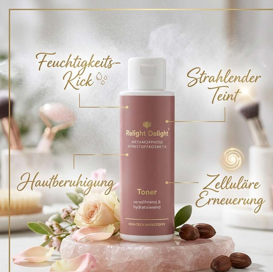 Produktwerbung für Relight Delight Toner: Eine Flasche des 'Metamorphose Wirkstoffkosmetik' Toners steht zentral auf einem rosafarbenen Edelstein (Rosenquarz). Um das Produkt herum sind florale Elemente wie Rosenblätter und Jojoba-Samen arrangiert. Grafische Callouts zeigen die Produktvorteile auf: 'Feuchtigkeits-Kick', 'Strahlender Teint', 'Hautberuhigung' und 'Zelluläre Erneuerung'. Das Bild vermittelt eine luxuriöse und pflegende Atmosphäre.
