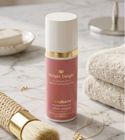 Relight Delight Handbalm in einer rosa Spenderflasche, edel arrangiert auf einer weißen Marmoroberfläche neben einem weichen Handtuch und einer zarten Goldkette. Im Hintergrund ist ein Kosmetikspiegel zu sehen.