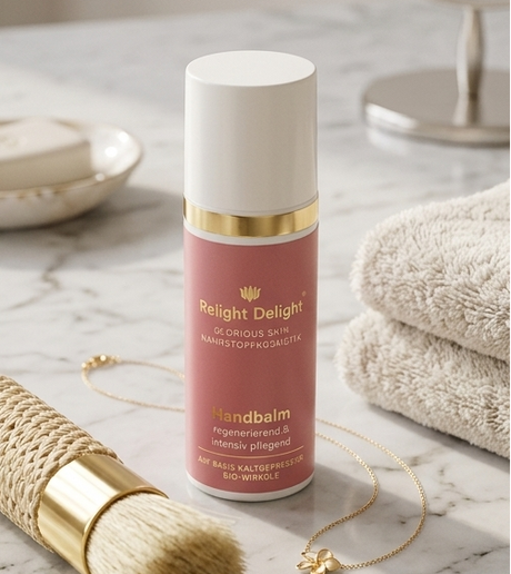 Relight Delight Handbalm in einer rosa Spenderflasche, edel arrangiert auf einer weißen Marmoroberfläche neben einem weichen Handtuch und einer zarten Goldkette. Im Hintergrund ist ein Kosmetikspiegel zu sehen.