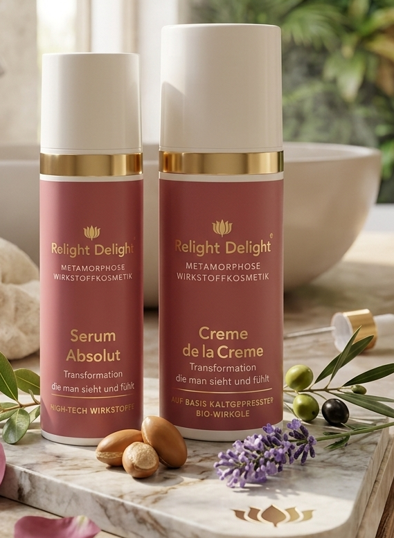 Professionelles Produktfoto des Relight Delight Metamorphose Hautpflege-Duos, bestehend aus dem 'Serum Absolut' und der 'Creme de la Creme'. Die altrosa-goldenen Spender stehen im Vordergrund auf einer edlen Marmorplatte, dekoriert mit frischen Olivenzweigen, Argan-Nüssen, Lavendel und rosa Blütenblättern als Symbol für die enthaltenen Bio-Wirköle. Im weichgezeichneten Hintergrund ist ein modernes, lichtdurchflutetes Badezimmer mit einer beigen Waschschale und einer grünen Pflanzenwand zu sehen.