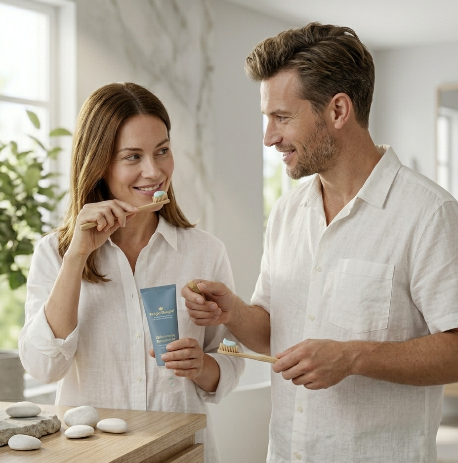 Ein lächelndes Paar in einem hellen, modernen Badezimmer bei der täglichen Zahnpflege mit der Relight Delight Zahncreme Konzentrat. Die Frau hält die blaue Tube des Zahncreme-Konzentrats, während beide ihre nachhaltigen Holzzahnbürsten nutzen. Hochwertiges Lifestyle-Foto, das tägliche Mundhygiene und natürliche Zahnpflegeprodukte visualisiert.
