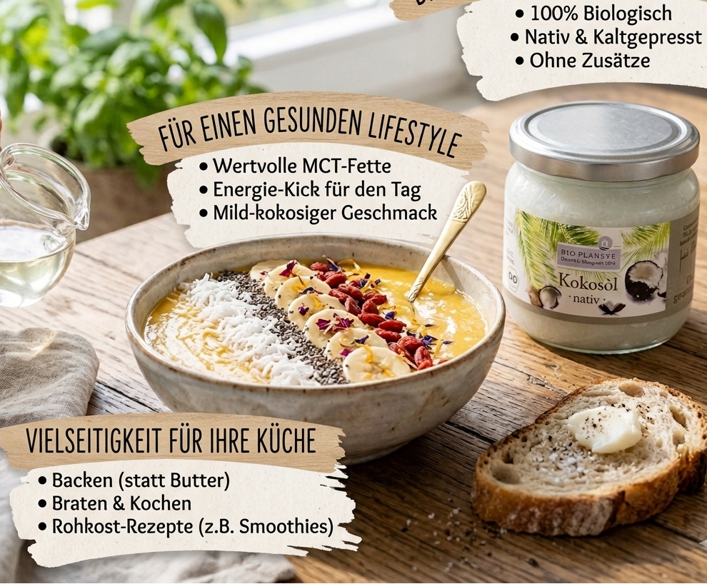 Produktbild von Bio Planète Kokosöl nativ mit Text-Overlays zu den Vorteilen. Zu sehen sind eine Frühstücks-Smoothie-Bowl und das Produktglas auf einem Holztisch. Die eingeblendeten Banner listen folgende Produktmerkmale auf: 100% Biologisch, Nativ & Kaltgepresst, Ohne Zusätze, wertvolle MCT-Fette, Energie-Kick für den Tag, mild-kokosiger Geschmack sowie die vielseitige Nutzung zum Backen, Braten, Kochen und für Rohkost-Rezepte.