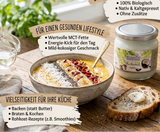 Produktbild von Bio Planète Kokosöl nativ mit Text-Overlays zu den Vorteilen. Zu sehen sind eine Frühstücks-Smoothie-Bowl und das Produktglas auf einem Holztisch. Die eingeblendeten Banner listen folgende Produktmerkmale auf: 100% Biologisch, Nativ & Kaltgepresst, Ohne Zusätze, wertvolle MCT-Fette, Energie-Kick für den Tag, mild-kokosiger Geschmack sowie die vielseitige Nutzung zum Backen, Braten, Kochen und für Rohkost-Rezepte.