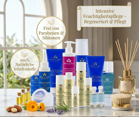 Das gesamte Relight Delight Pflegeset ästhetisch präsentiert auf einem weißen Marmortisch, umgeben von natürlichen Zutaten wie Argan-Nüssen, Ringelblumen und Lavendel. Als grafische Overlays sind die Produktvorteile hervorgehoben: '100% Natürliche Inhaltsstoffe', 'Frei von Parabenen & Silikonen' sowie 'Intensive Feuchtigkeitspflege – Regeneriert & Pflegt'.