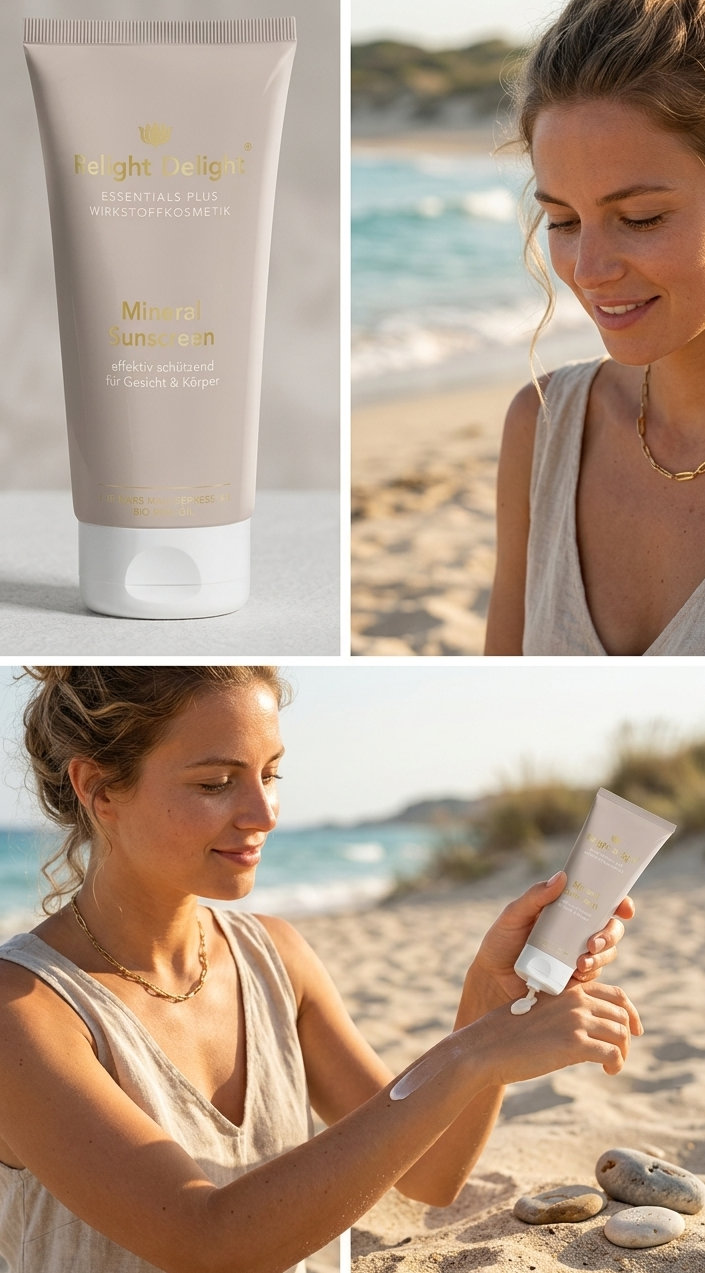 Dreiteilige Produkt-Collage der Relight Delight Mineral Sunscreen Sonnencreme: Eine Produktansicht der Tube sowie eine Frau am Strand, die die Creme für effektiven Sonnenschutz auf die Haut aufträgt.
