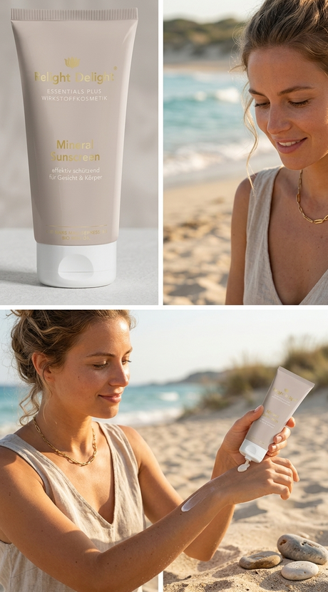 Dreiteilige Produkt-Collage der Relight Delight Mineral Sunscreen Sonnencreme: Eine Produktansicht der Tube sowie eine Frau am Strand, die die Creme für effektiven Sonnenschutz auf die Haut aufträgt.
