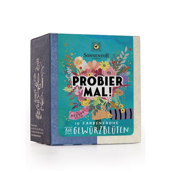 Gewürzblüten Probier mal! bio 50 g Packung - Sonnentor , Packung mit einem Bunten Blumenstrauß 