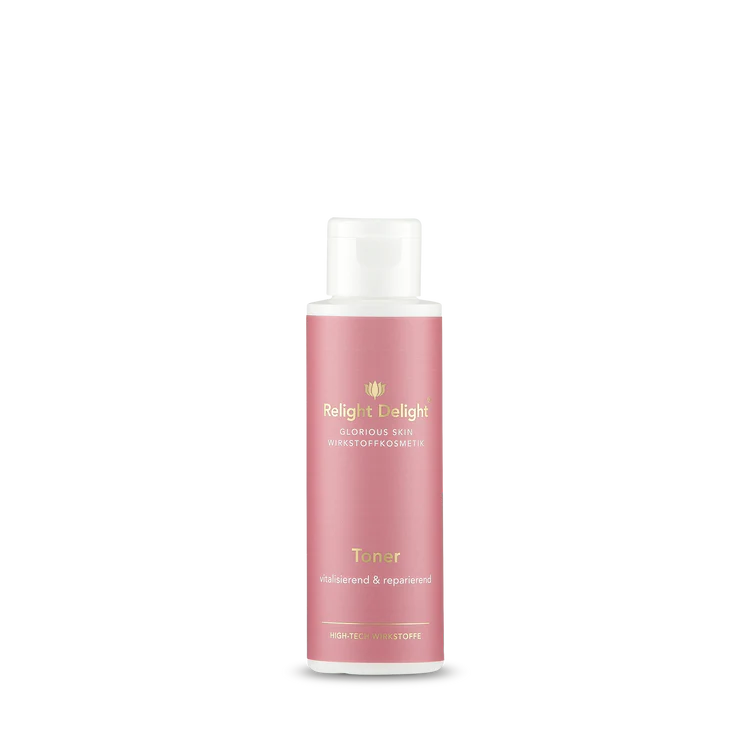 Roséfarbene Flasche mit goldenem Schriftzug : "Glorious Skin Toner 100ml Relight Delight - vitalisierend und reparierend - Gesichtspflege für alle Hauttypen"