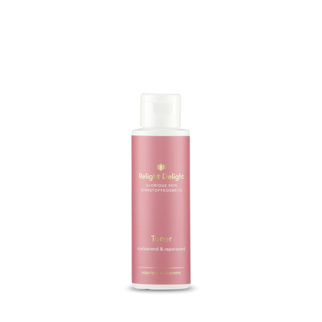Roséfarbene Flasche mit goldenem Schriftzug : "Glorious Skin Toner 100ml Relight Delight - vitalisierend und reparierend - Gesichtspflege für alle Hauttypen"