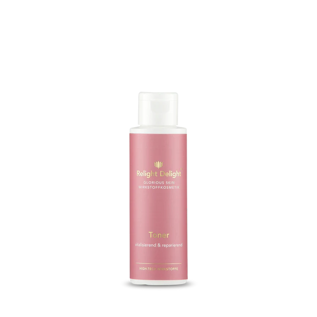 Roséfarbene Flasche mit goldenem Schriftzug : "Glorious Skin Toner 100ml Relight Delight - vitalisierend und reparierend - Gesichtspflege für alle Hauttypen"