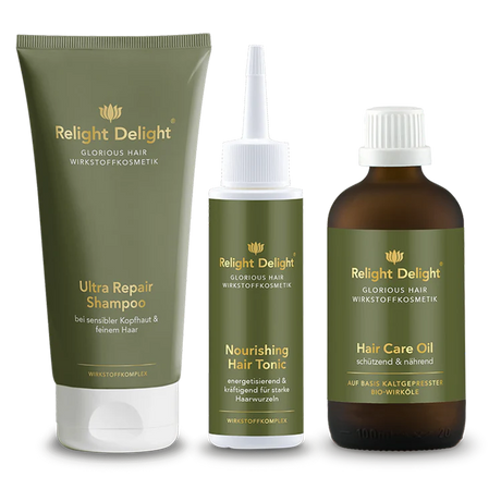 Glorious Hair - Haarpflege-Set - Keratin Power - partiell frei von Parfüm - Relight Delight Neues Design in grün und gold