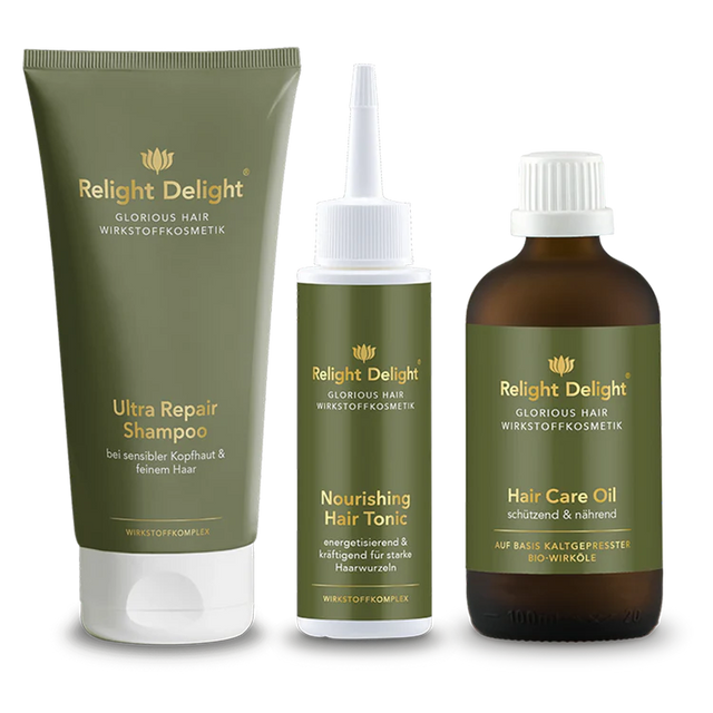 Glorious Hair - Haarpflege-Set - Keratin Power - partiell frei von Parfüm - Relight Delight Neues Design in grün und gold