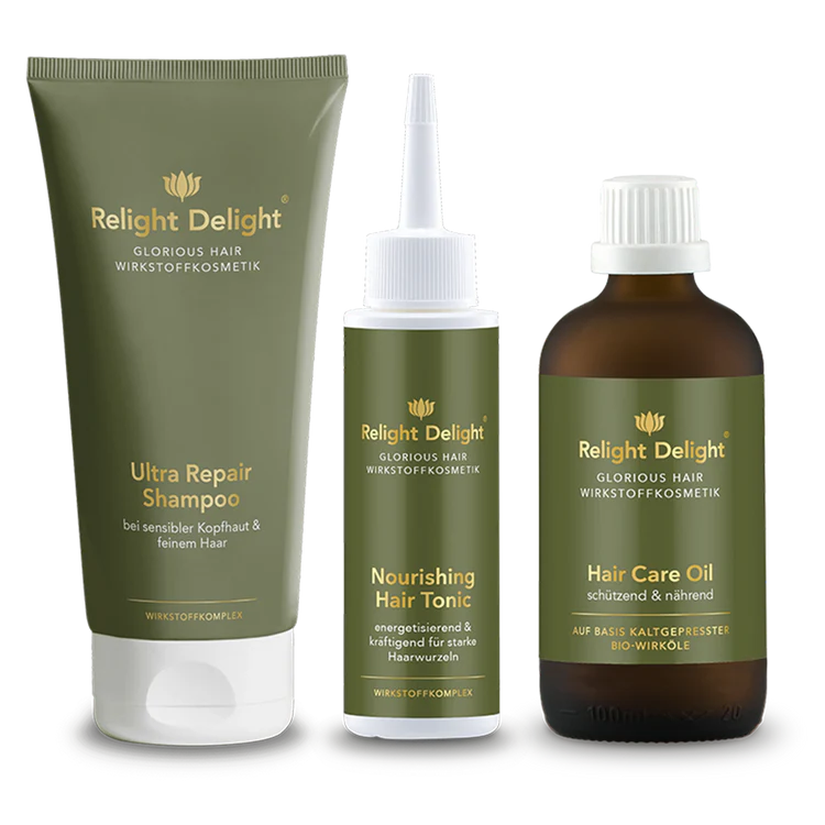 Glorious Hair - Haarpflege-Set - Keratin Power - partiell frei von Parfüm - Relight Delight Neues Design in grün und gold