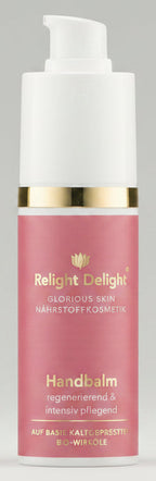 Edler Pumpspender des Glorious Skin Handbalm - frei von Parfüm 50 ml Relight Delight in Altrosa mit goldener Aufschrift