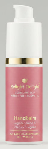 Edler Pumpspender des Glorious Skin Handbalm - frei von Parfüm 50 ml Relight Delight in Altrosa mit goldener Aufschrift
