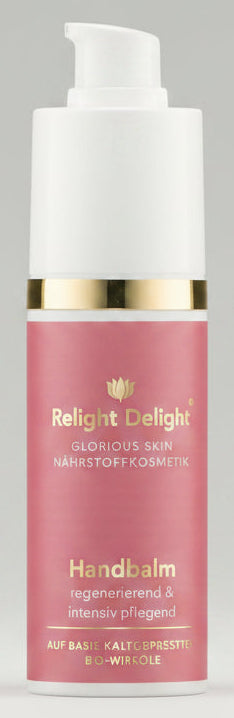 Edler Pumpspender des Glorious Skin Handbalm - frei von Parfüm 50 ml Relight Delight in Altrosa mit goldener Aufschrift