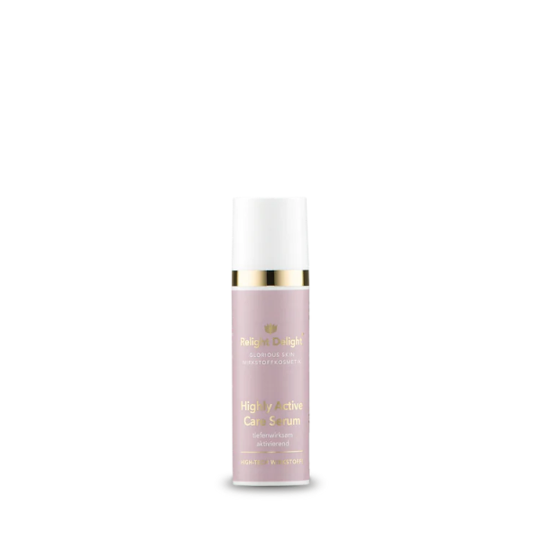 Roséfarbene Tube mit goldener und weißer Aufschrift: Glorious Skin - Highly Active Care Serum - unbeduftet -  tiefenwirksam und aktivierend - 30ml von Relight Delight