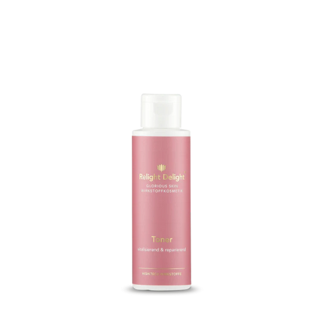 Tube in edlem Rosé mit goldener Schrift: Glorious Skin - Toner - unbeduftet - vitalisierend & reparierend, HIGHTECH Wirkstoffe Inhalt: 100ml -von Relight Delight