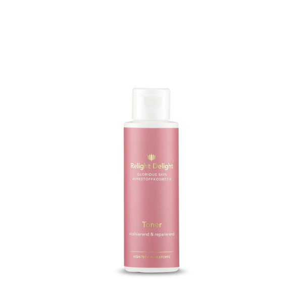 Tube in edlem Rosé mit goldener Schrift: Glorious Skin - Toner - unbeduftet - vitalisierend & reparierend, HIGHTECH Wirkstoffe Inhalt: 100ml -von Relight Delight