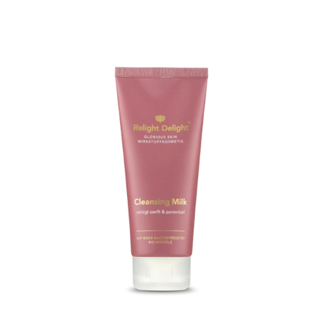 Tube Roséfarben mit goldener und weißer Schrift.: Glorious Skin Cleansing Milk - reinigt sanft &porentief auf Basis kaltgepresster Bio Wirköle. In der Tube sind 100ml von  Relight Delight