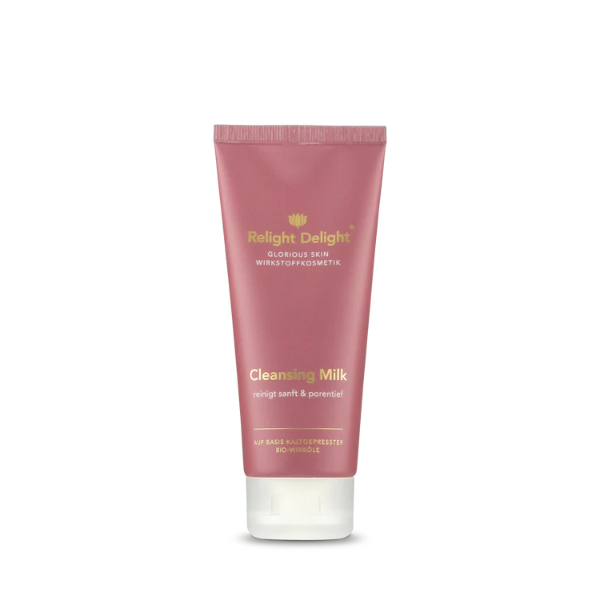 Tube Roséfarben mit goldener und weißer Schrift.: Glorious Skin Cleansing Milk - reinigt sanft &porentief auf Basis kaltgepresster Bio Wirköle. In der Tube sind 100ml von  Relight Delight