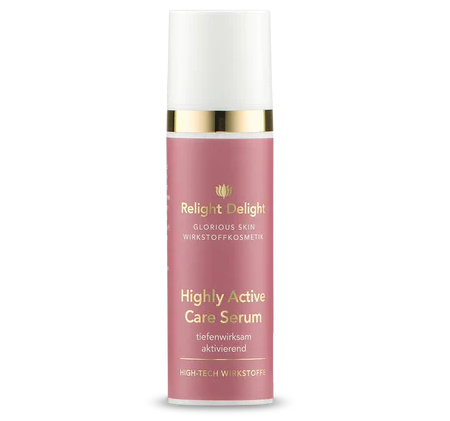 Edle Tube in Rosé mit goldener und weißer Aufschrift: Glorious Skin Highly Active Care Serum, tiefenwirksam und aktivierend High Tech Wirkstoffkosmetik von  Relight Delight