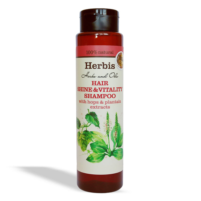 „HERBIS Glanz- & Vitalitätsshampoo mit Hopfen & Wegerich in 300 ml Flasche mit natürlichem Seifenkraut statt Tenside“