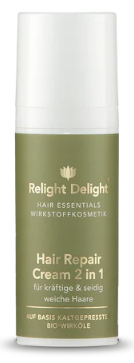„Hair Essentials – Hair Repair Cream 2 in 1 (50 ml) in edler Verpackung. Perfekte Haarpflege gegen Spliss & Haarbruch mit Mandelöl, Borretschsamenöl, Kreatin & Ceramiden.“