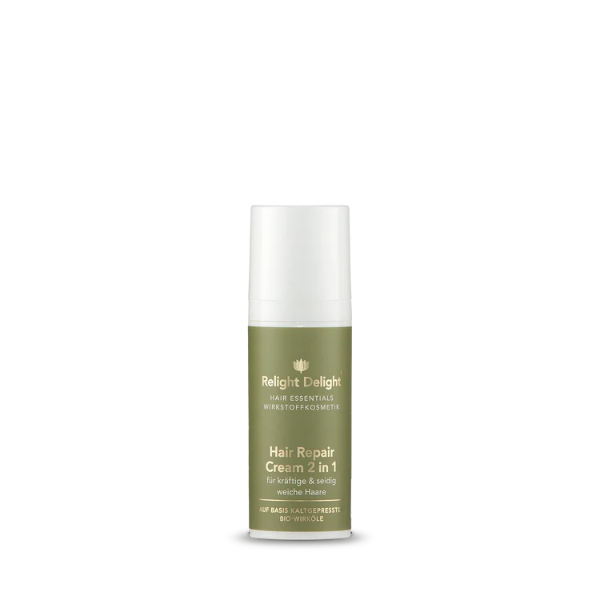 „Hair Essentials – Hair Repair Cream 2 in 1 (50 ml) in edler Verpackung. Perfekte Haarpflege gegen Spliss & Haarbruch mit Mandelöl, Borretschsamenöl, Kreatin & Ceramiden.“