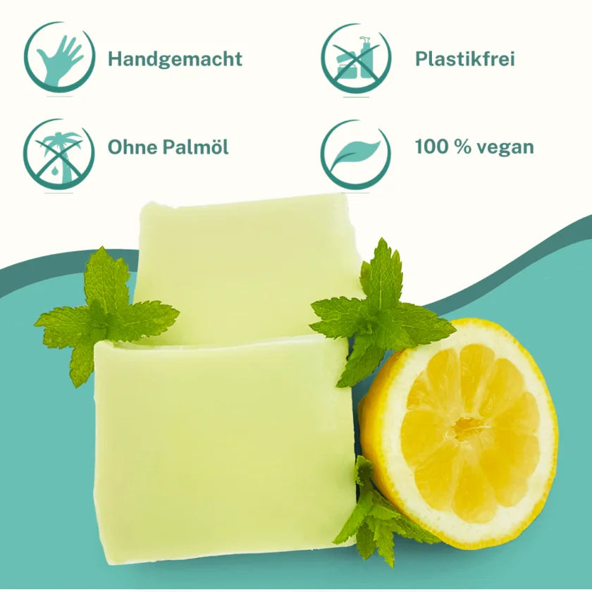 Handgemachte Minze-Zitrone Naturseife von Kleine Auszeit – plastikfrei, vegan und palmölfrei, mit nachhaltigem Label für bewusste Hautpflege