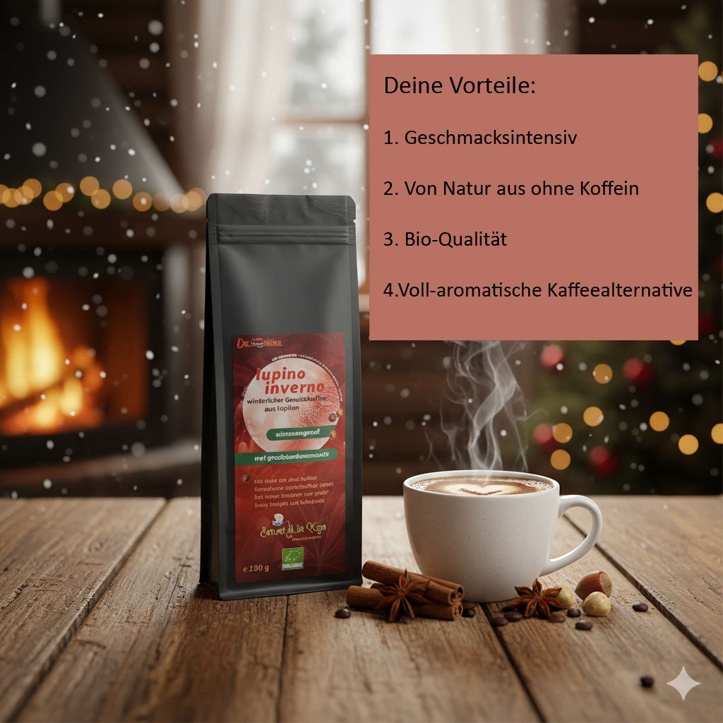 Eine dunkelrote Packung 'lupino inverno winterlicher Gewürzkaffee aus Lupinen' steht auf einem rustikalen Holztisch. Die Packung hat ein Label, das 'stimmungsvoll' und 'geschmacksintensiv' hervorhebt, und trägt das Bioland-Siegel. Daneben befindet sich eine weiße Tasse mit dampfendem Kaffee, umgeben von Kaffeebohnen, Zimtstangen, Sternanis und Haselnüssen. Im unscharfen Hintergrund ist ein gemütlicher Raum mit einem brennenden Kamin, einem Weihnachtsbaum mit Lichtern und schneebedeckten Fenstern zu sehen, w