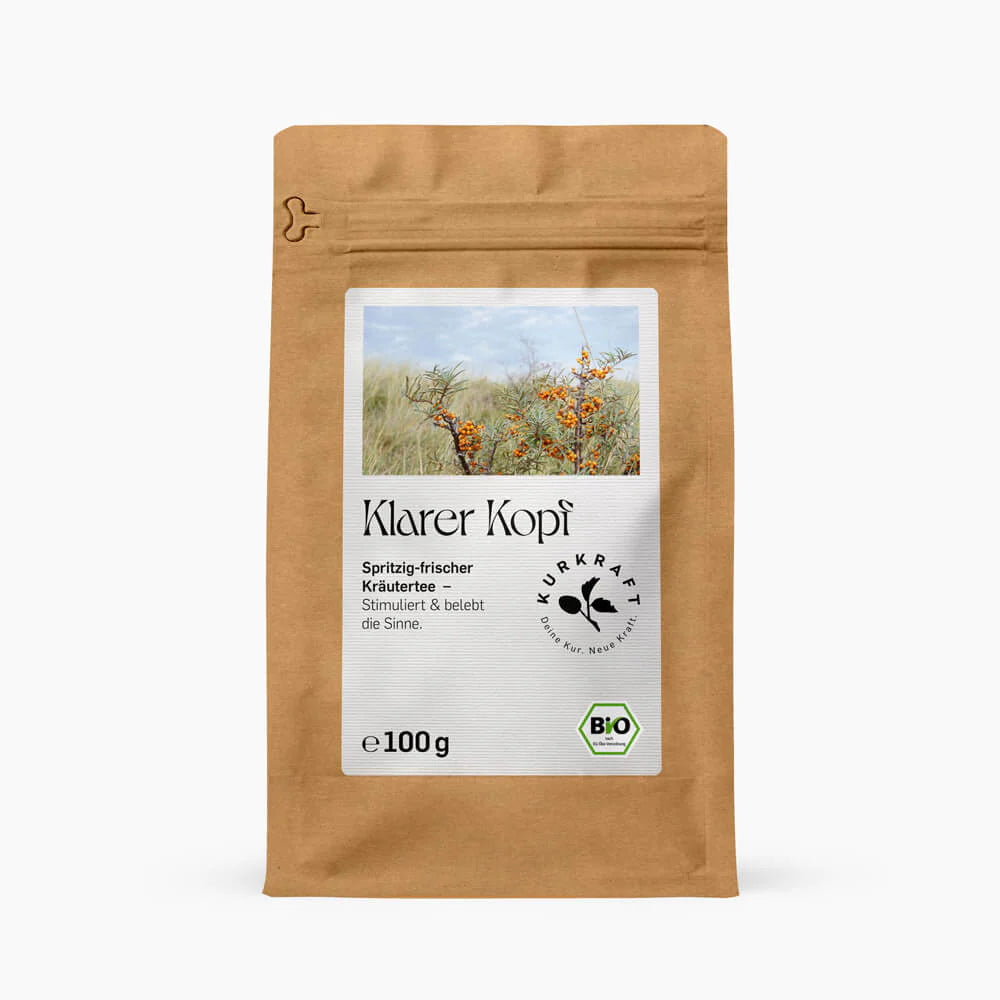 Papierstandbeutel mit KLARER KOPF TEE von  KURKRAFT 100 g