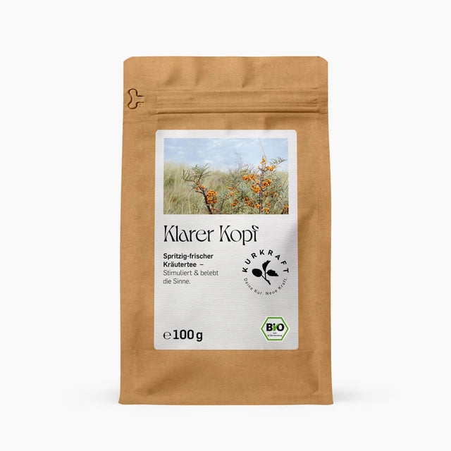 Papierstandbeutel mit KLARER KOPF TEE von  KURKRAFT 100 g
