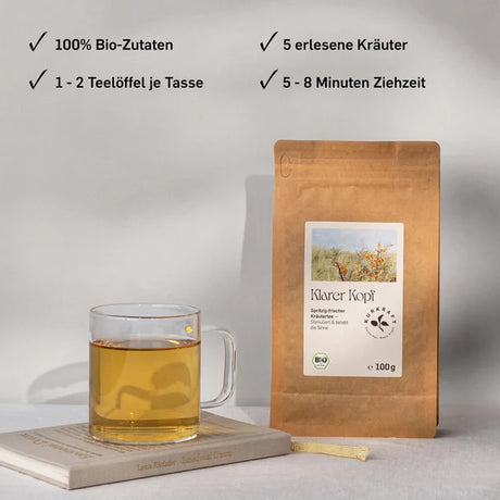 Papierstandbeutel mit KLARER KOPF TEE von  KURKRAFT 100 g dazu Tasse Tee