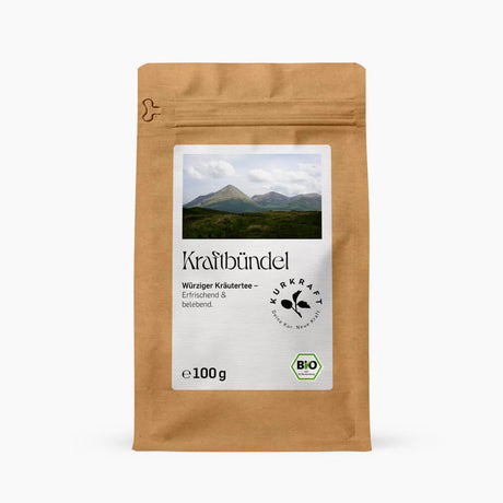 Papierstandbeutel mit Kraftbündeltee 100g