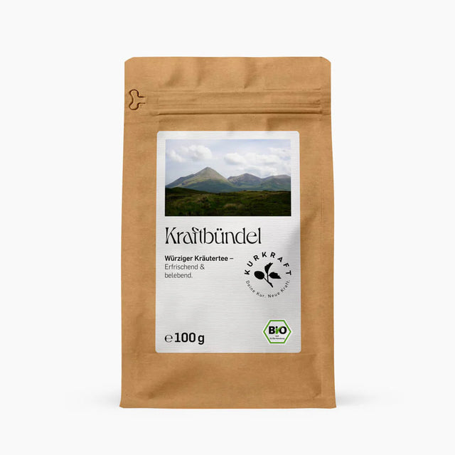 Papierstandbeutel mit Kraftbündeltee 100g