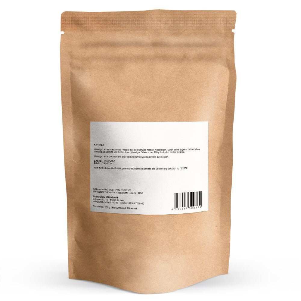 Rückseite braune  Standbodenbeutel Kieselgur Pulver 100 g – feines Diatomeenerde-Pulver in Auslesequalität