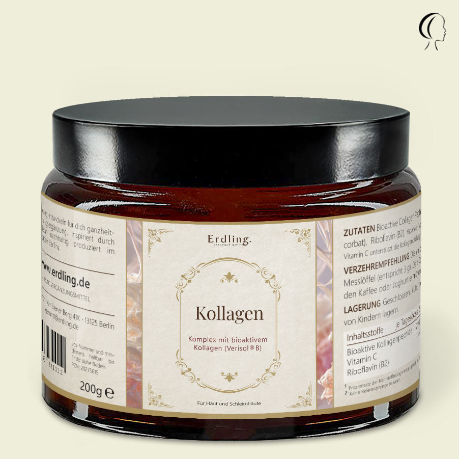 sehr Edles braunes Glas in beige mit gold verziert. Aufschrift Kollagen Komplex mit bioaktivem Kollagen 