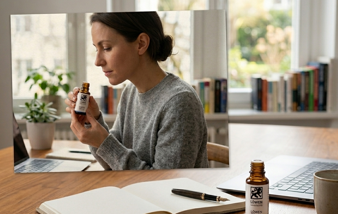Löwen Fokus Öl auf einem Schreibtisch mit Füller und Kaffeebecher. Eine Frau nutzt das Bio-Öl für mentale Klarheit und Fokus im Homeoffice.