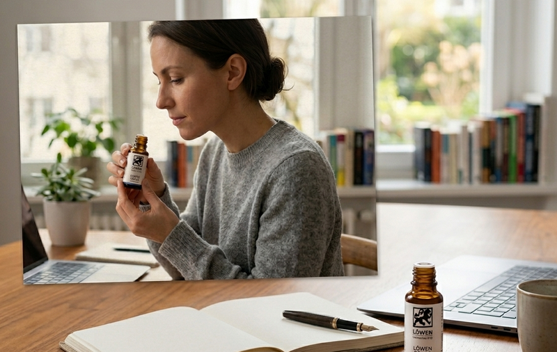 Löwen Fokus Öl auf einem Schreibtisch mit Füller und Kaffeebecher. Eine Frau nutzt das Bio-Öl für mentale Klarheit und Fokus im Homeoffice.