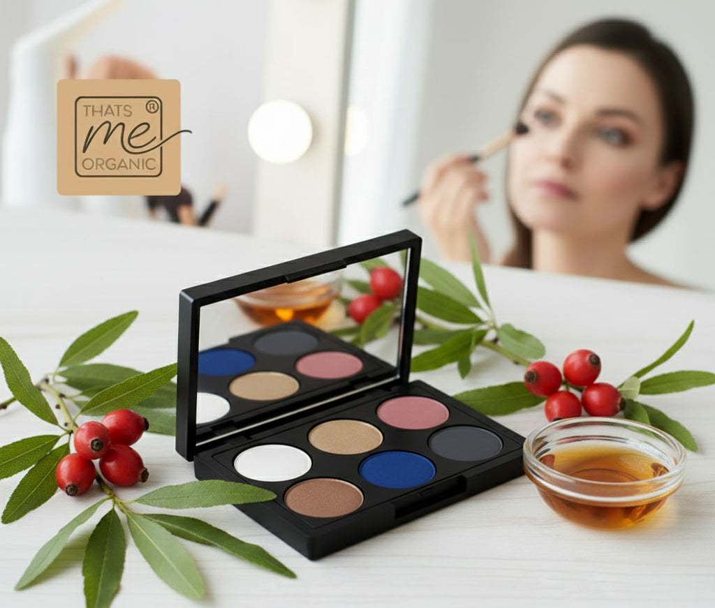 Eine offene schwarze Lidschattenpalette von "That's me organic" mit sechs kreisförmigen Farbtönen liegt auf einem hellen Tisch, umgeben von grünen Blättern und roten Hagebutten. Rechts unten steht eine kleine Glasschale mit goldfarbenem Öl. Oben links ist das "That's me organic"-Logo zu sehen. Im unscharfen Hintergrund spiegelt sich eine Frau in einem beleuchteten Spiegel, die sich schminkt.